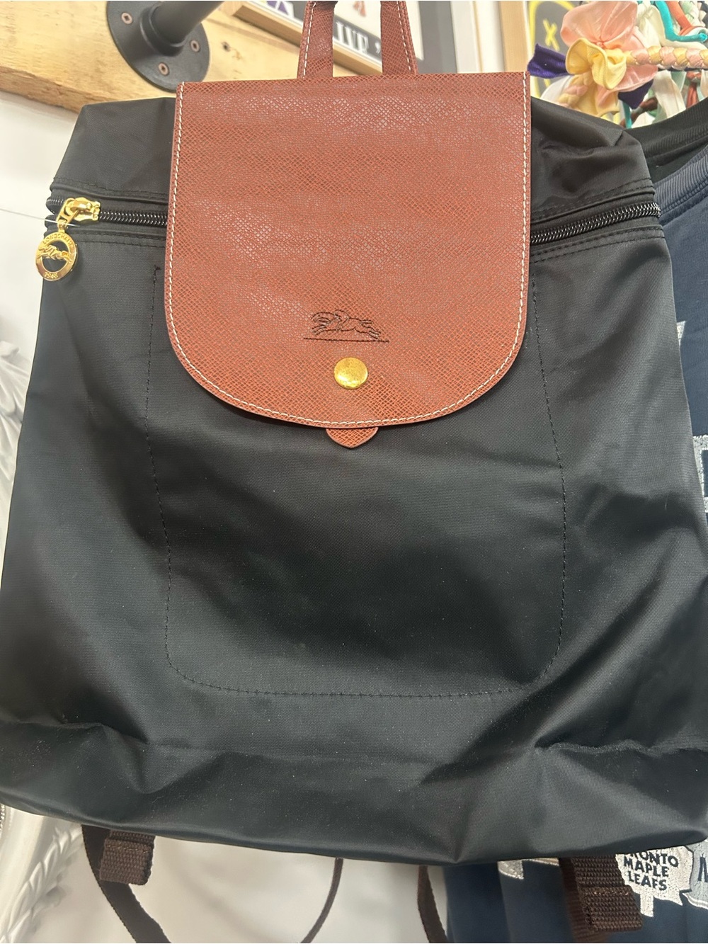 Longchamp Black Nylon Backpack with Brown Leather Flap